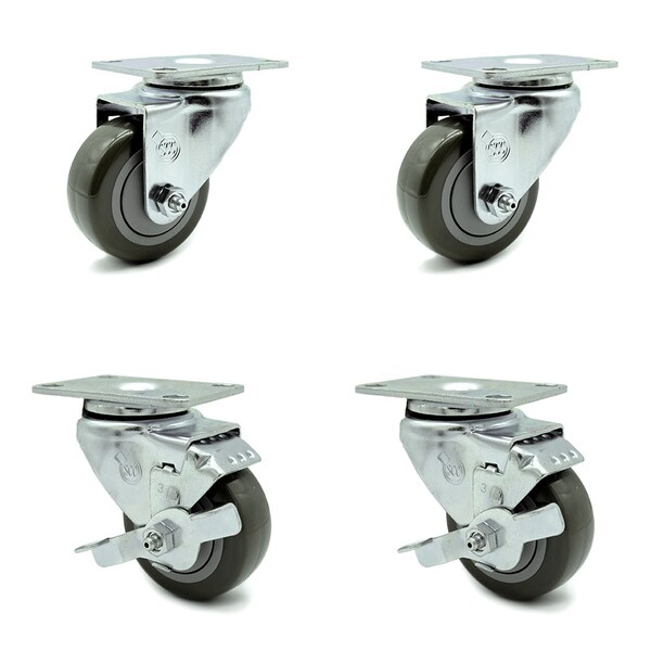 3 Inch Gray Polyurethane Wheel Swivel Top Plate Caster Set with 2 Brakes SCC